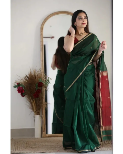 Generic Women's Cotton  Printed Saree With Unstitched Blouse 5.5Mtr (Dark Green)