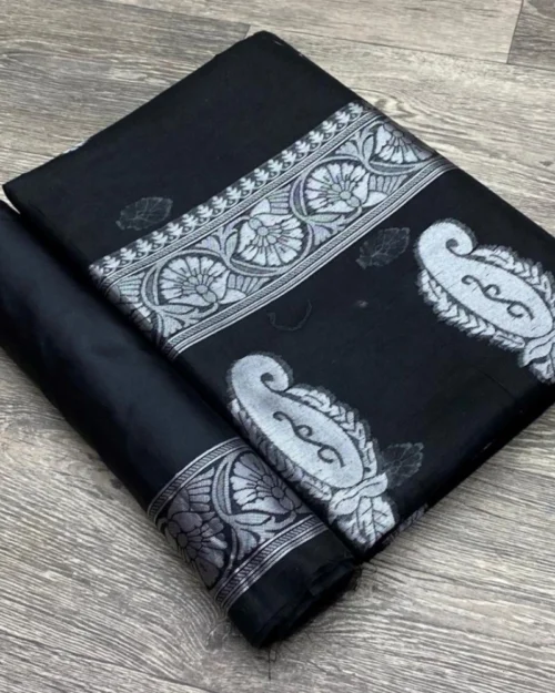 Generic Women's Cotton  Printed Saree With Unstitched Blouse 5.5Mtr (Black)