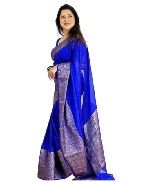 Generic Women's Soft Lichi Silk Solid Saree With Unstitched Blouse 5.5Mtr (Blue)