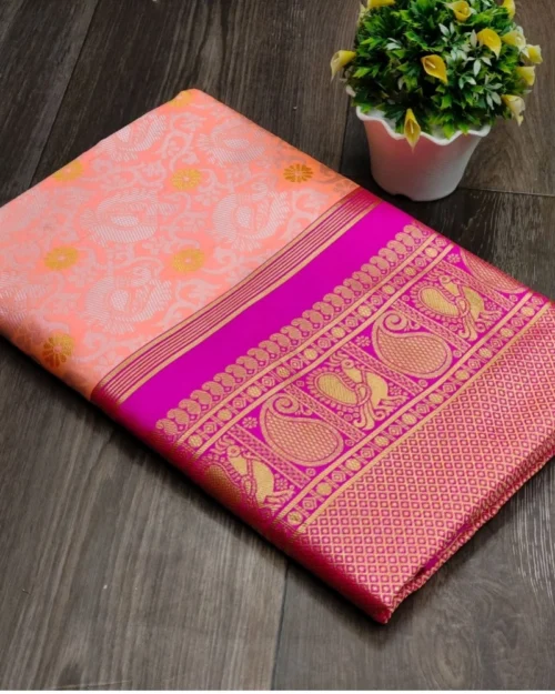 Generic Women's Soft Lichi Silk Printed Saree With Unstitched Blouse 5.5Mtr (Pink)