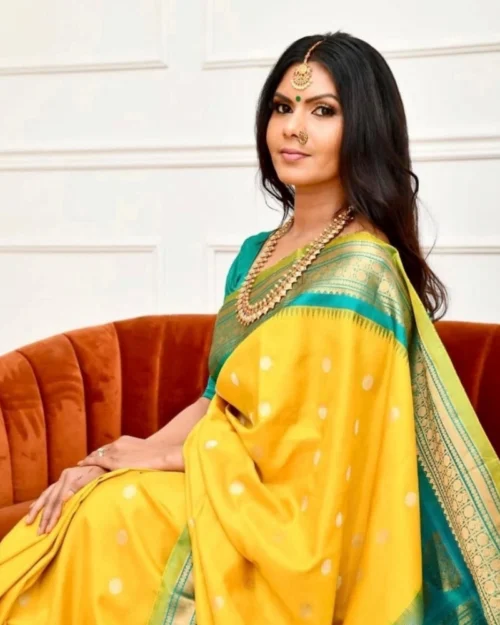 Generic Women's Soft Lichi Silk Printed Saree With Unstitched Blouse 5.5Mtr (Yellow)