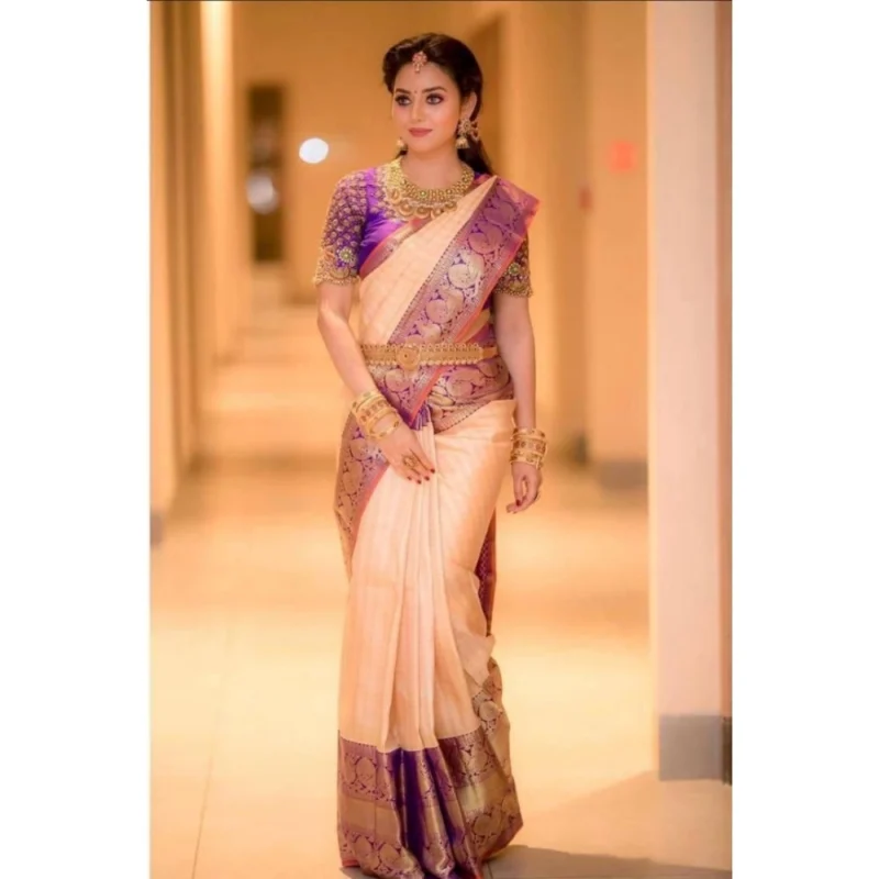 Generic Women's Soft Lichi Silk Printed Saree With Unstitched Blouse 5.5Mtr (Purple)