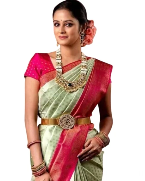 Generic Women's Soft Lichi Silk Printed Saree With Unstitched Blouse 5.5Mtr (Light Green)