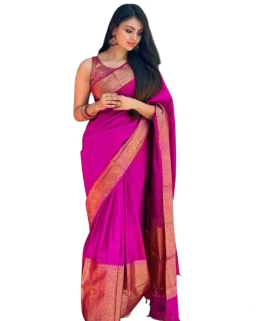 Generic Women's Soft Lichi Silk Solid Saree With Unstitched Blouse 5.5Mtr (Pink)