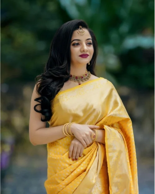 Generic Women's Soft Lichi Silk Printed Saree With Unstitched Blouse 5.5Mtr (Yellow)