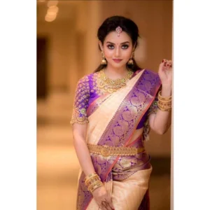 Generic Women's Soft Lichi Silk Printed Saree With Unstitched Blouse 5.5Mtr (Purple)