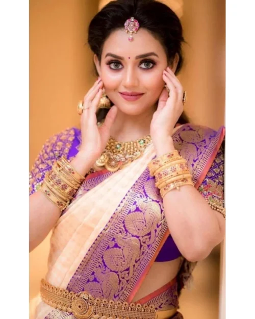 Generic Women's Soft Lichi Silk Printed Saree With Unstitched Blouse 5.5Mtr (Purple)