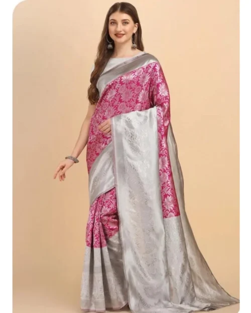 Generic Women's Soft Lichi Silk Printed Saree With Unstitched Blouse 5.5Mtr (Pink)
