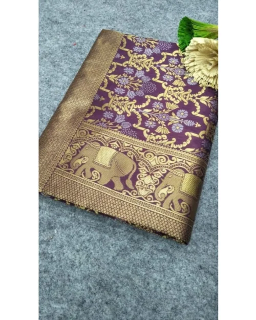 Generic Women's Soft Lichi Silk Printed Saree With Unstitched Blouse 5.5Mtr (Purple)