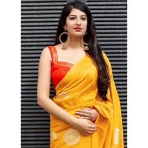Generic Women's Soft Lichi Silk Printed Saree With Unstitched Blouse 5.5Mtr (Yellow)