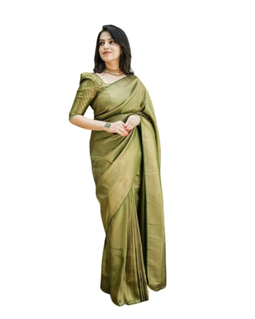 Generic Women's Soft Lichi Silk Printed Saree With Unstitched Blouse 5.5Mtr (Green)