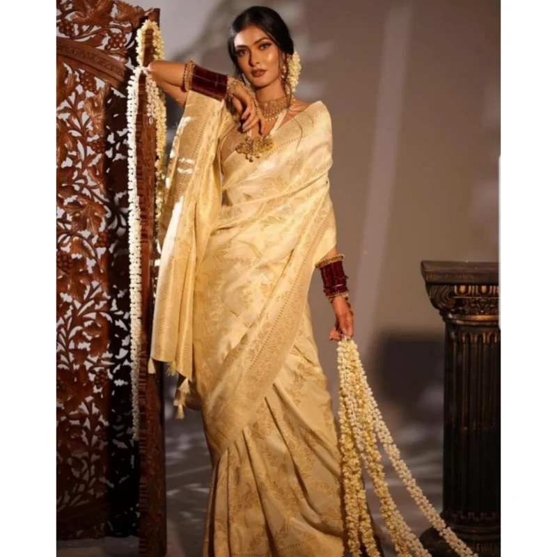Generic Women's Soft Lichi Silk Printed Saree With Unstitched Blouse 5.5Mtr (Golden)