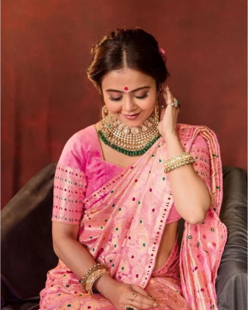 Generic Women's Soft Lichi Silk Printed Saree With Unstitched Blouse 5.5Mtr (Pink)