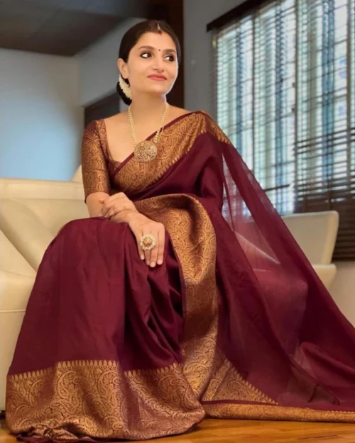 Generic Women's Soft Lichi Silk Solid Saree With Unstitched Blouse 5.5Mtr (Maroon)