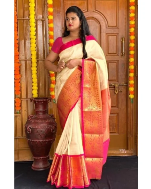 Generic Women's Soft Lichi Silk Printed Saree With Unstitched Blouse 5.5Mtr (Cream)