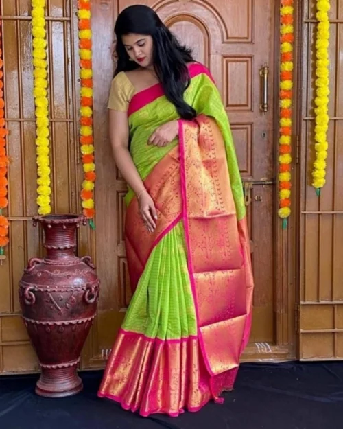 Generic Women's Soft Lichi Silk Printed Saree With Unstitched Blouse 5.5Mtr (Green)