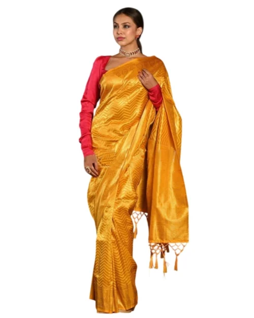 Generic Women's Soft Lichi Silk Woven Saree With Unstitched Blouse 5.5Mtr (Yellow)