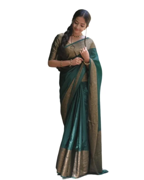 Generic Women's Soft Lichi Silk Solid Saree With Unstitched Blouse 5.5Mtr (Green)