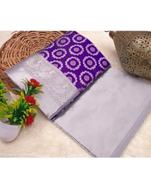 Generic Women's Soft Lichi Silk Printed Saree With Unstitched Blouse 5.5Mtr (Purple)