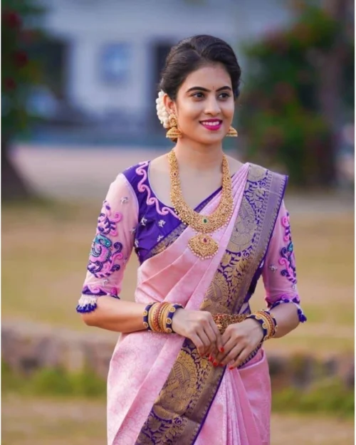 Generic Women's Soft Lichi Silk Printed Saree With Unstitched Blouse 5.5Mtr (Purple)