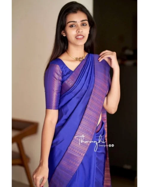 Generic Women's Soft Lichi Silk Solid Saree With Unstitched Blouse 5.5Mtr (Blue)