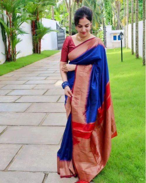 Generic Women's Soft Lichi Silk Solid Saree With Unstitched Blouse 5.5Mtr (Blue)