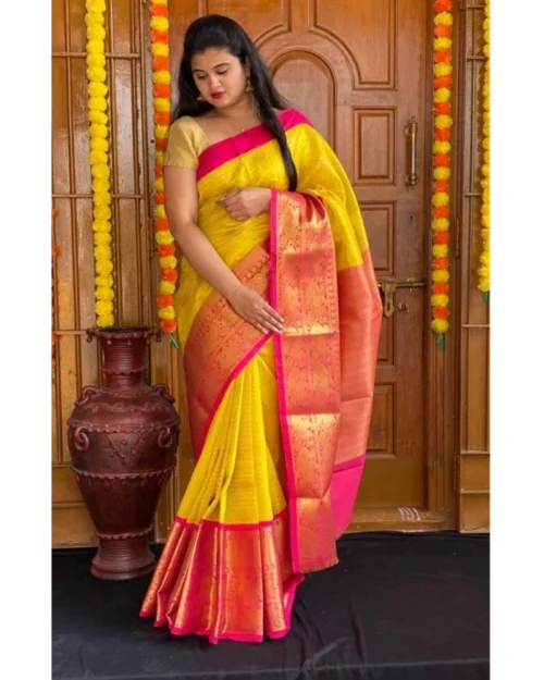 Generic Women's Soft Lichi Silk Printed Saree With Unstitched Blouse 5.5Mtr (Yellow)