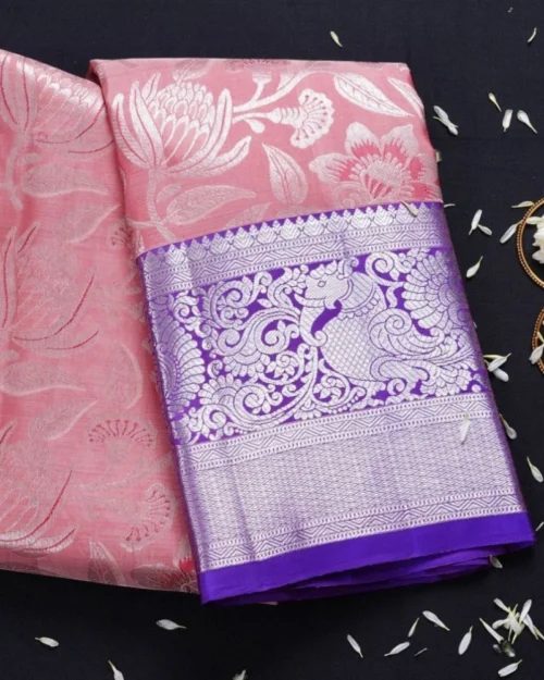 Generic Women's Soft Lichi Silk Printed Saree With Unstitched Blouse 5.5Mtr (Purple)