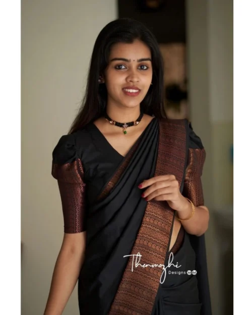 Generic Women's Soft Lichi Silk Solid Saree With Unstitched Blouse 5.5Mtr (Black)