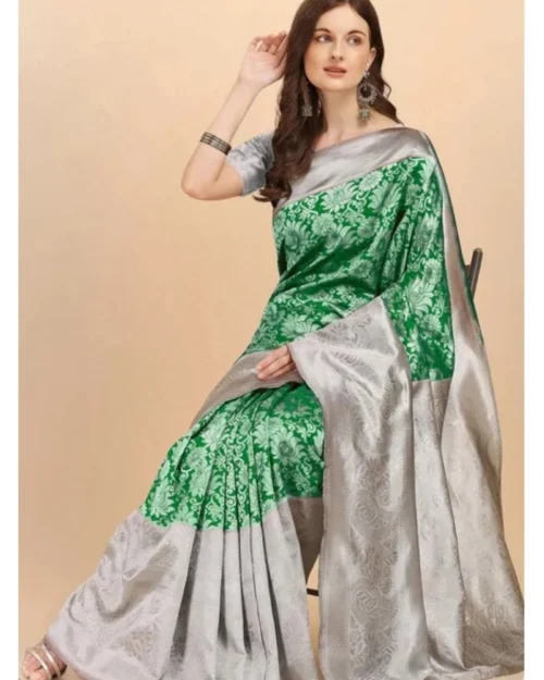 Generic Women's Soft Lichi Silk Printed Saree With Unstitched Blouse 5.5Mtr (Green)