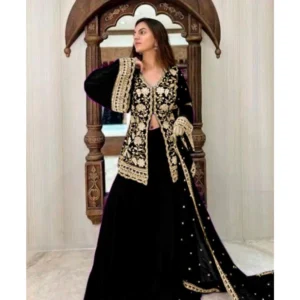 54591515932_9584decabe_o-1000x1000-1.webp Generic Women's Georgette Embroidery 3-4th Sleeve V-Neck Kurti, Palazzo And Dupatta Set (Black)