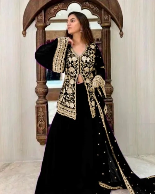 Generic Women's Georgette Embroidery 3-4th Sleeve V-Neck Kurti, Palazzo And Dupatta Set (Black)