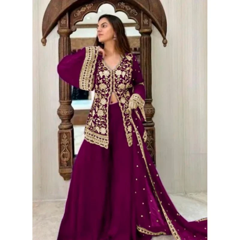 54592395051_47b057e519_o-1000x1000-1.webp Generic Women's Georgette Embroidery 3-4th Sleeve V-Neck Kurti, Palazzo And Dupatta Set (Wine)