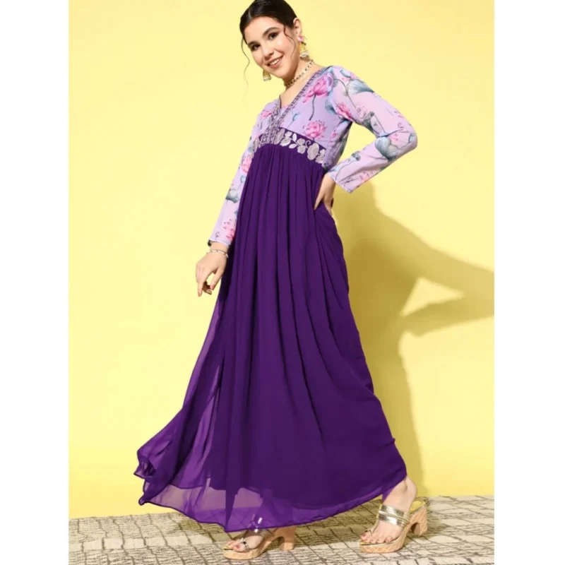 Generic Women's Georgette Embroidery 3-4th Sleeve V-Neck Kurti (Purple)