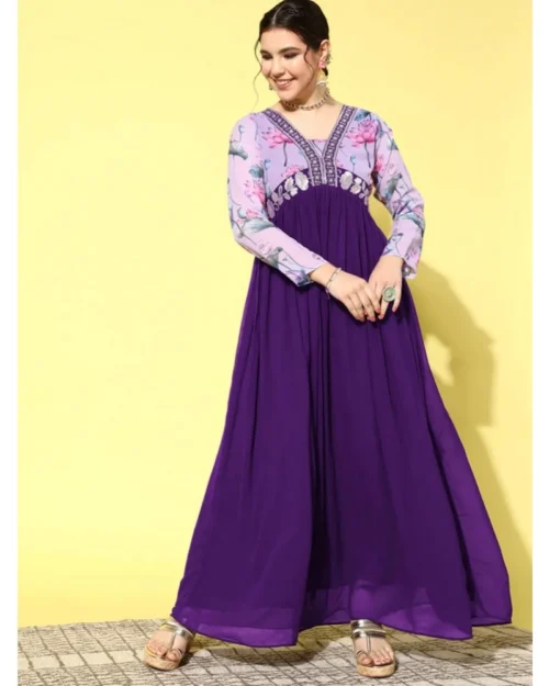 Generic Women's Georgette Embroidery 3-4th Sleeve V-Neck Kurti (Purple)