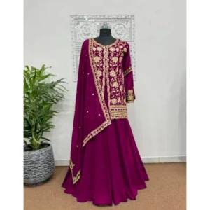 54592612693_752092535e_o-1000x1000-1.webp Generic Women's Georgette Embroidery 3-4th Sleeve V-Neck Kurti, Palazzo And Dupatta Set (Wine)