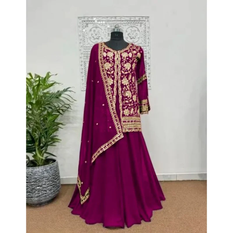 54592612693_752092535e_o-1000x1000-1.webp Generic Women's Georgette Embroidery 3-4th Sleeve V-Neck Kurti, Palazzo And Dupatta Set (Wine)