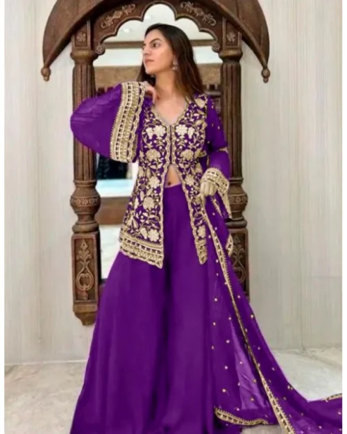Generic Women's Georgette Embroidery 3-4th Sleeve V-Neck Kurti, Palazzo And Dupatta Set (Purple)
