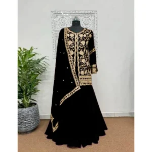 54592612713_e210dda022_o-1000x1000-1.webp Generic Women's Georgette Embroidery 3-4th Sleeve V-Neck Kurti, Palazzo And Dupatta Set (Black)