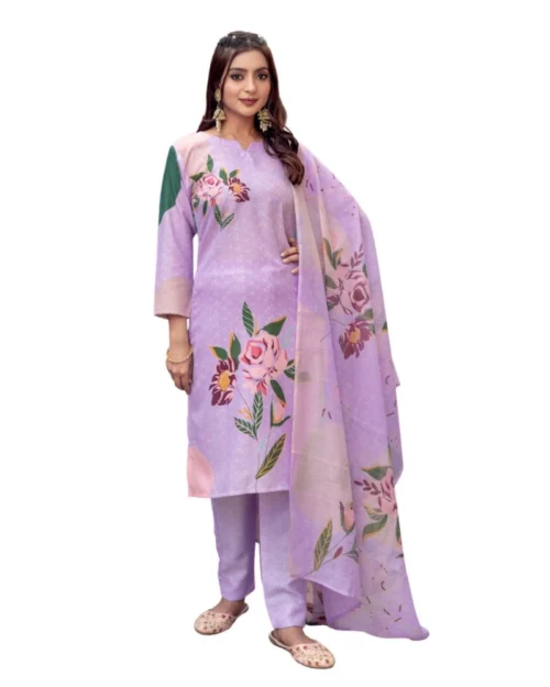 Generic Women's Cotton Blend Printed Kurti With Pant Dupatta Set (Lavender)