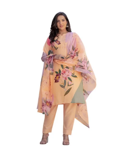 Generic Women's Cotton Blend Printed Kurti With Pant Dupatta Set (Orange)