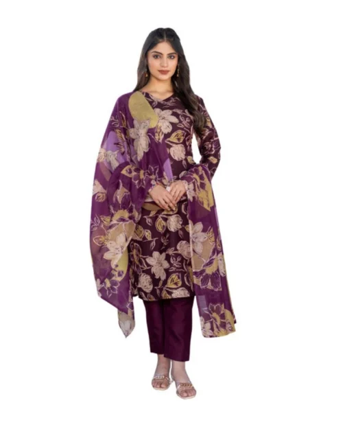Generic Women's Cotton Blend Printed Kurti With Pant Dupatta Set (Purple)