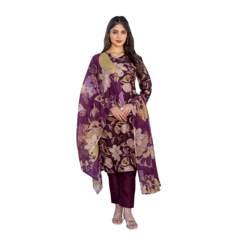 63055-1000x1000-1.webp Generic Women's Cotton Blend Printed Kurti With Pant Dupatta Set (Purple)