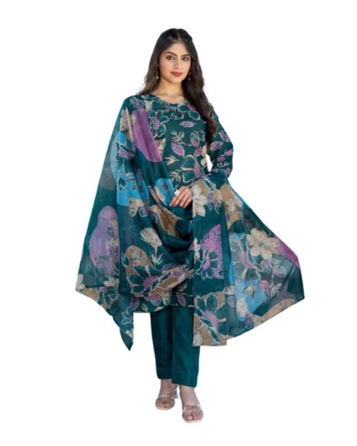 Generic Women's Cotton Blend Printed Kurti With Pant Dupatta Set (Rama)