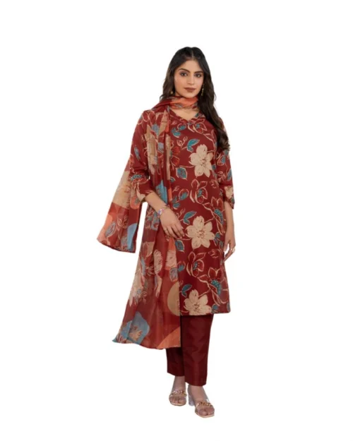 Generic Women's Cotton Blend Printed Kurti With Pant Dupatta Set (Rust)