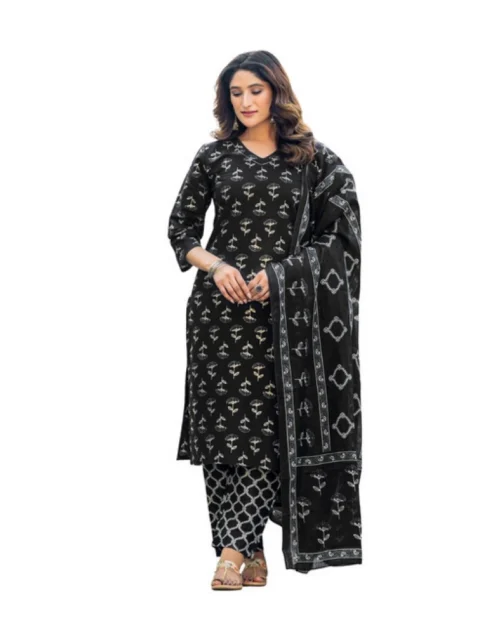 Generic Women's Cotton Blend Printed Kurti With Pant Dupatta Set (Black)