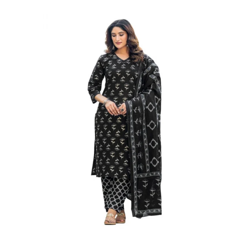 63058-1000x1000-1.webp Generic Women's Cotton Blend Printed Kurti With Pant Dupatta Set (Black)