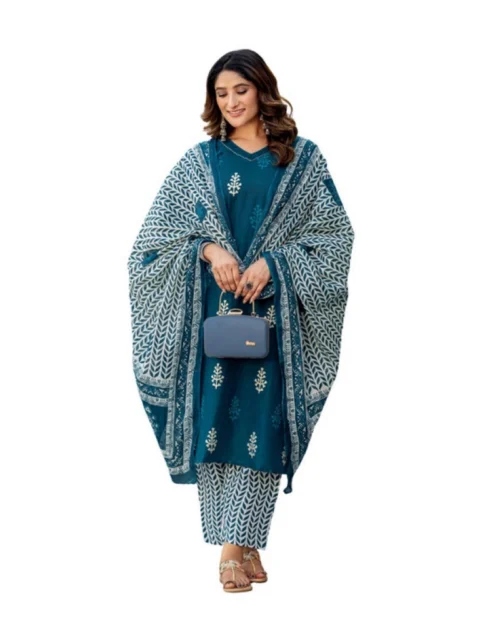 Generic Women's Cotton Blend Printed Kurti With Pant Dupatta Set (Morpichh)