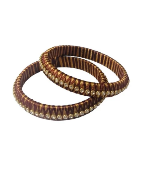 Generic Women's Plastic Silk Thread Bangles (Gold-Dark Brown, Size: 2.6)