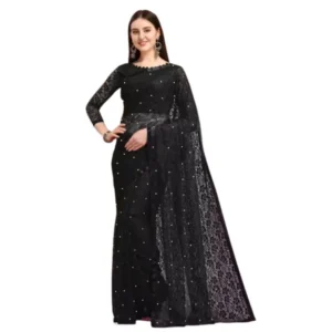 Generic Women's Net Self Design Saree With Unstitched Blouse 5.5Mtr (Black)